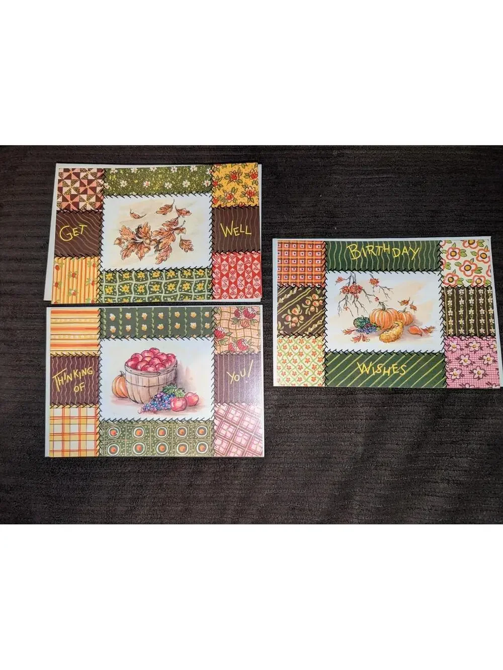 Vtg Unused Patchwork Favorites 3 card & envelope lot 70s get well,bday& thinking